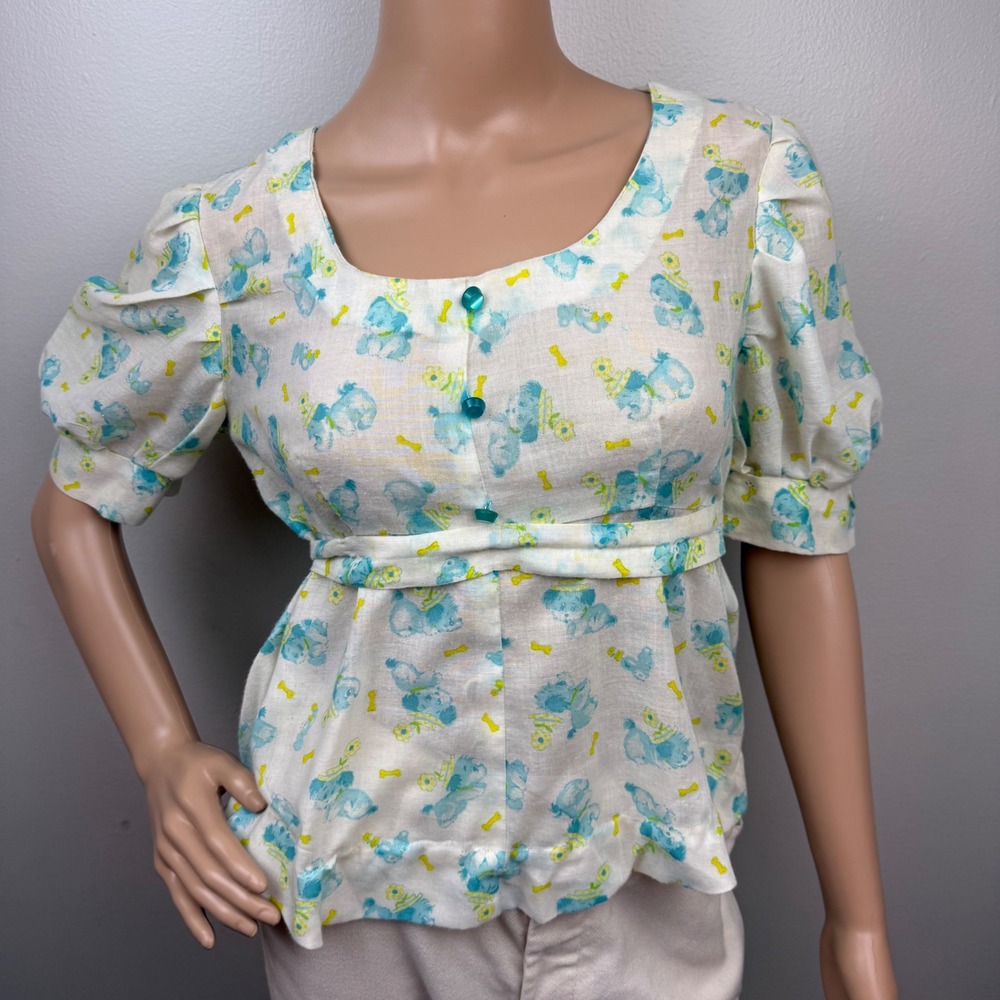 VTG Handmade Peplum Blouse XS –Blue‎ Teddy Bear Print, Puff Sleeves, Zip, Flawed